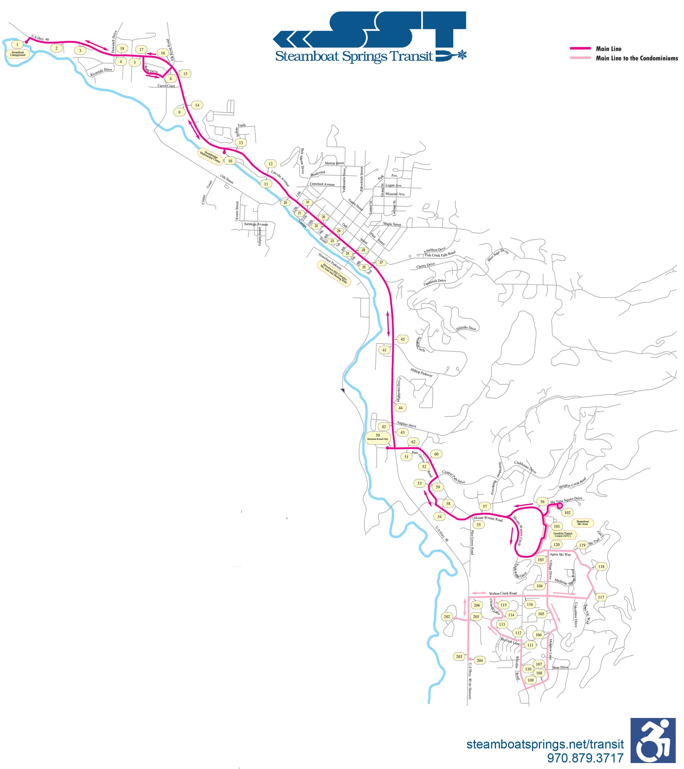 Steamboat Springs Transit Route Map for the Night Line. 