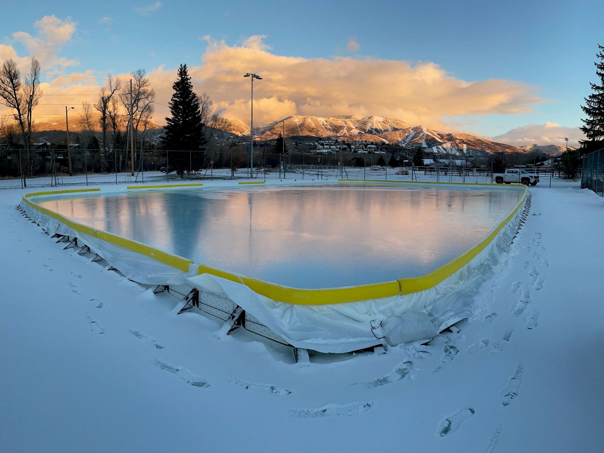 Fresh ice surface on the outdoor ice rink at Howelsen Hill.