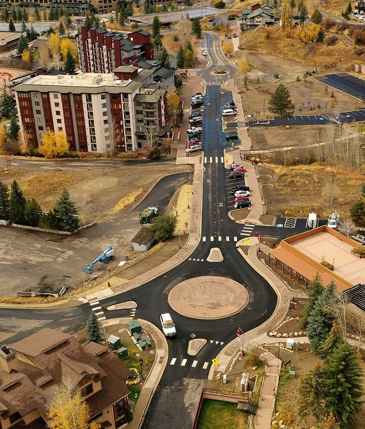 Aerial view of the new Ski Town Square roundabout